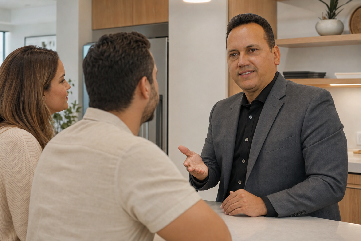 Santos Garcia talking through real estate goals with a young couple in their kitchen
