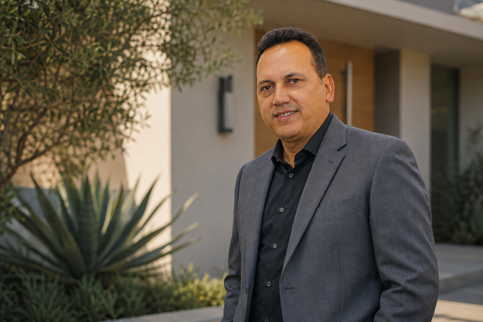 Santos Garcia standing in front of a modern California home